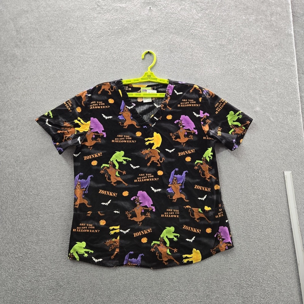 Scooby-Doo Women Scrub Top M Black Graphic Halloween Tee Logo